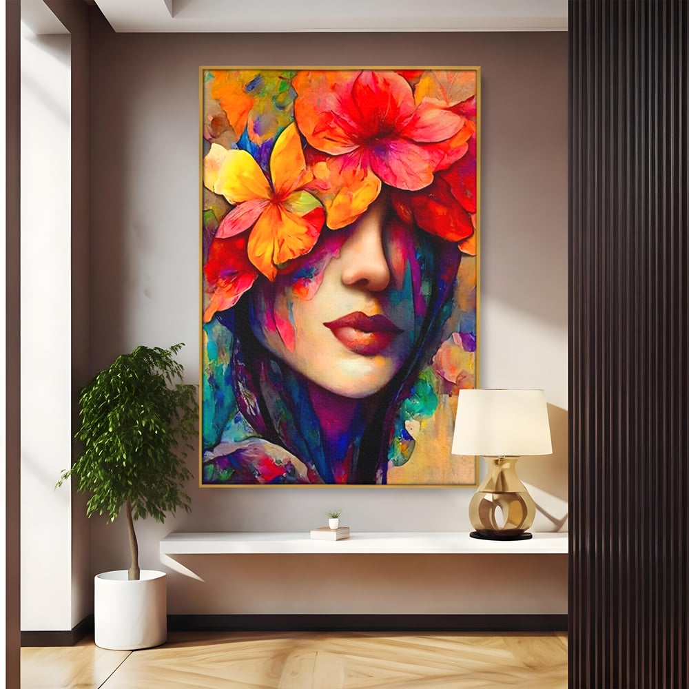 Tablou canvas cu tablou canvas cu portret feminin si flori, in rama de aluminiu auriu